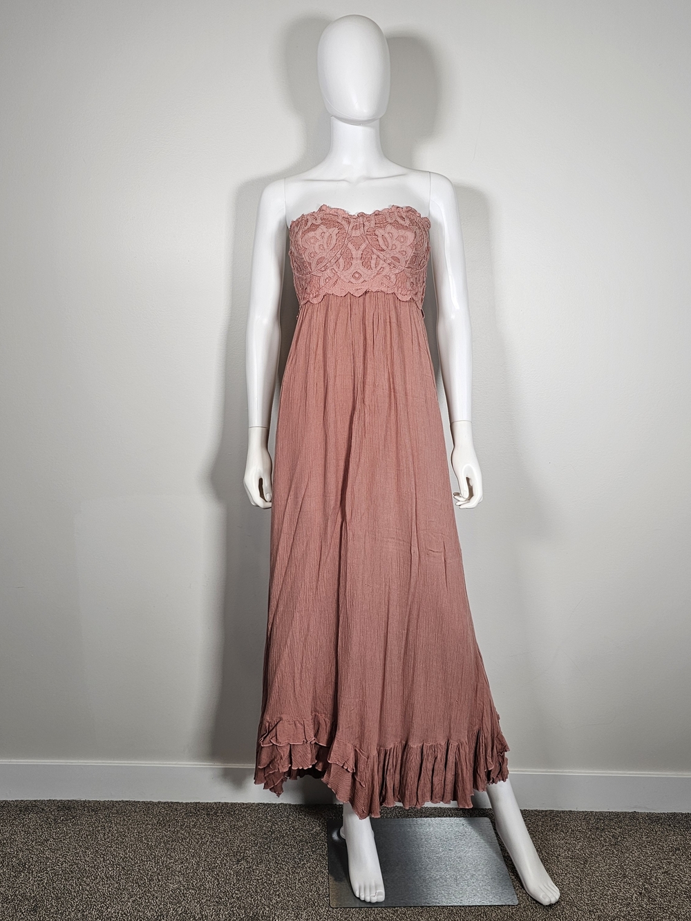 Free People Adella Strapless Lace Bodice Maxi Dress in Dusty Rose Sz S